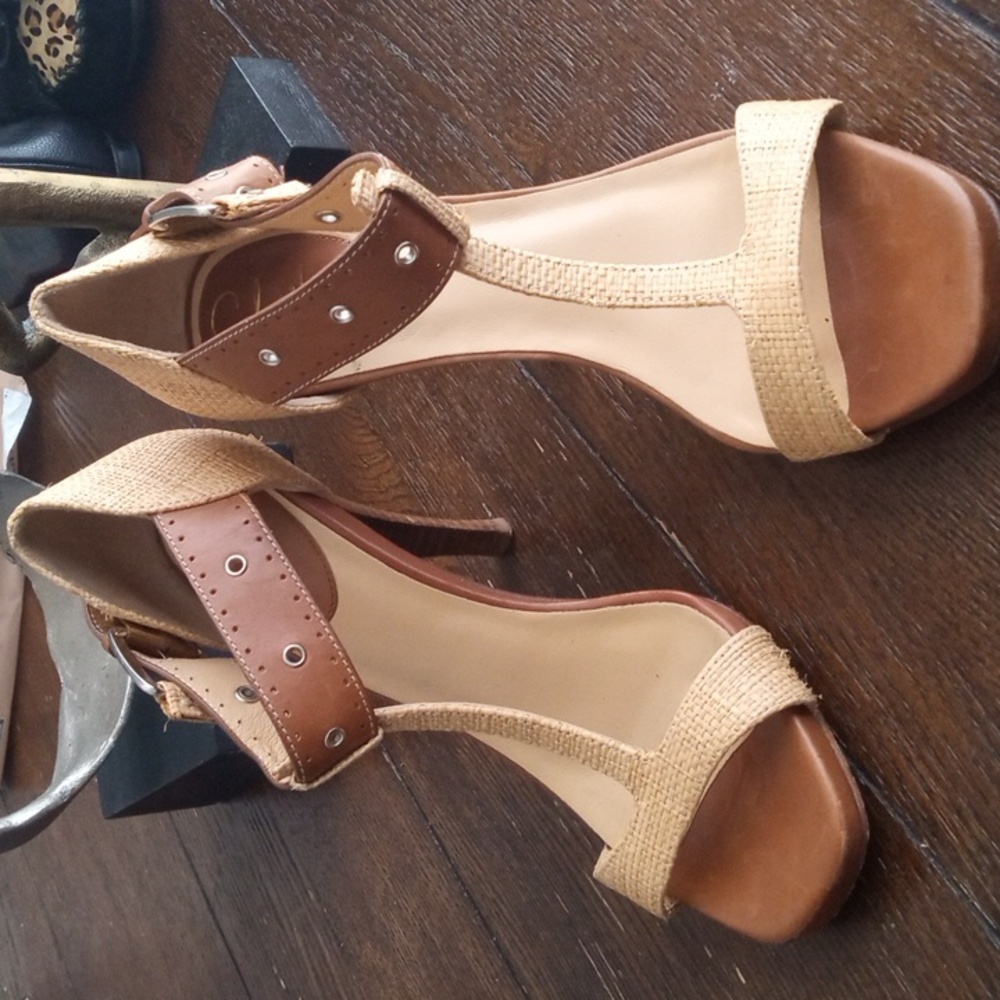 🚨B2G1 COLE HAAN Brown Silver Tan Woven Wicker High Heel Open Toe Sandals(CS)